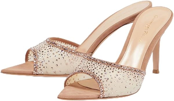 Ulalaza Women's PVC Clear Sandals Transparent Stiletto Sexy Rhinestone Bow Heels Open Toe Ankle Strap Stiletto Sparkling Wedding Bridal Dress Shoes High Heel Sandals | Amazon (US)