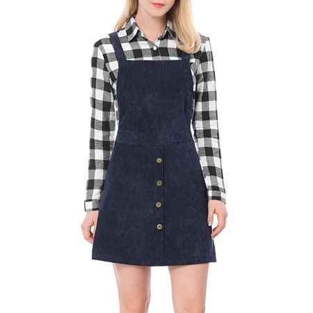Women Corduroy Button Decor A Line Suspender Overall Skirt Dress Blue/L (US 14) | Walmart (US)