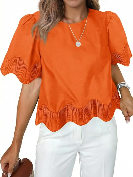 Tankaneo Womens Short Sleeve Crop Tops Summer Casual Scalloped Flowy Blouse Crewneck Ruffle Loose... | Amazon (US)
