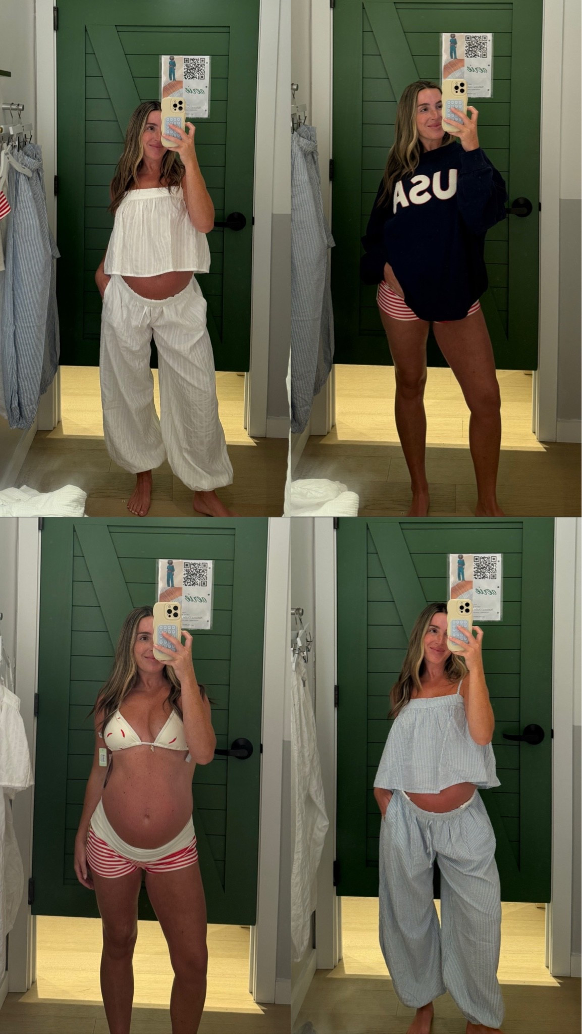 large in the USA crew, medium in the swim shorts, small in everything else. I’m 5’2” for reference & 28 weeks pregnant. I do smalls in everything before pregnancy so this stuff is suuuuper stretchy & the only thing I truly sized up in was the swim shorts