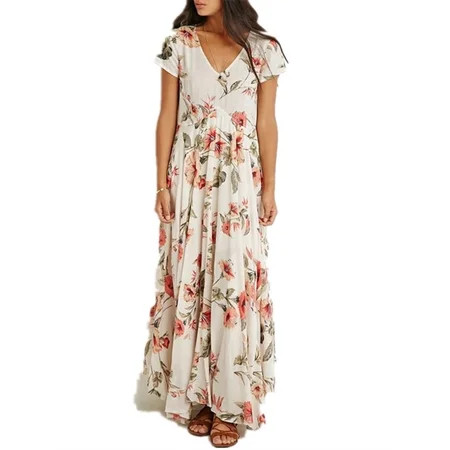 Summer V-neck Short Sleeve Lady Flower Print Long Maxi Dress | Walmart (US)