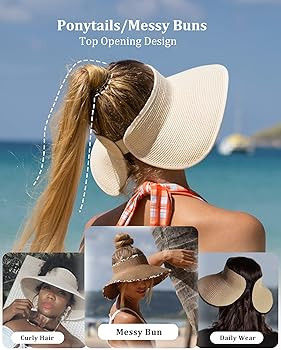 FURTALK Sun Visor Hats for Women Wide Brim Straw Ponytail Summer Beach Hat UV UPF Packable Foldab... | Amazon (US)