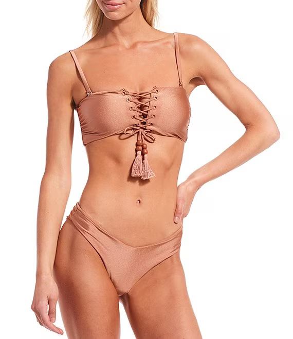 Family Matching Shiny Jersey Knit Lace Up Beaded Tassel Bandeau Swim Top & V-Front High Leg Swim ... | Dillard's