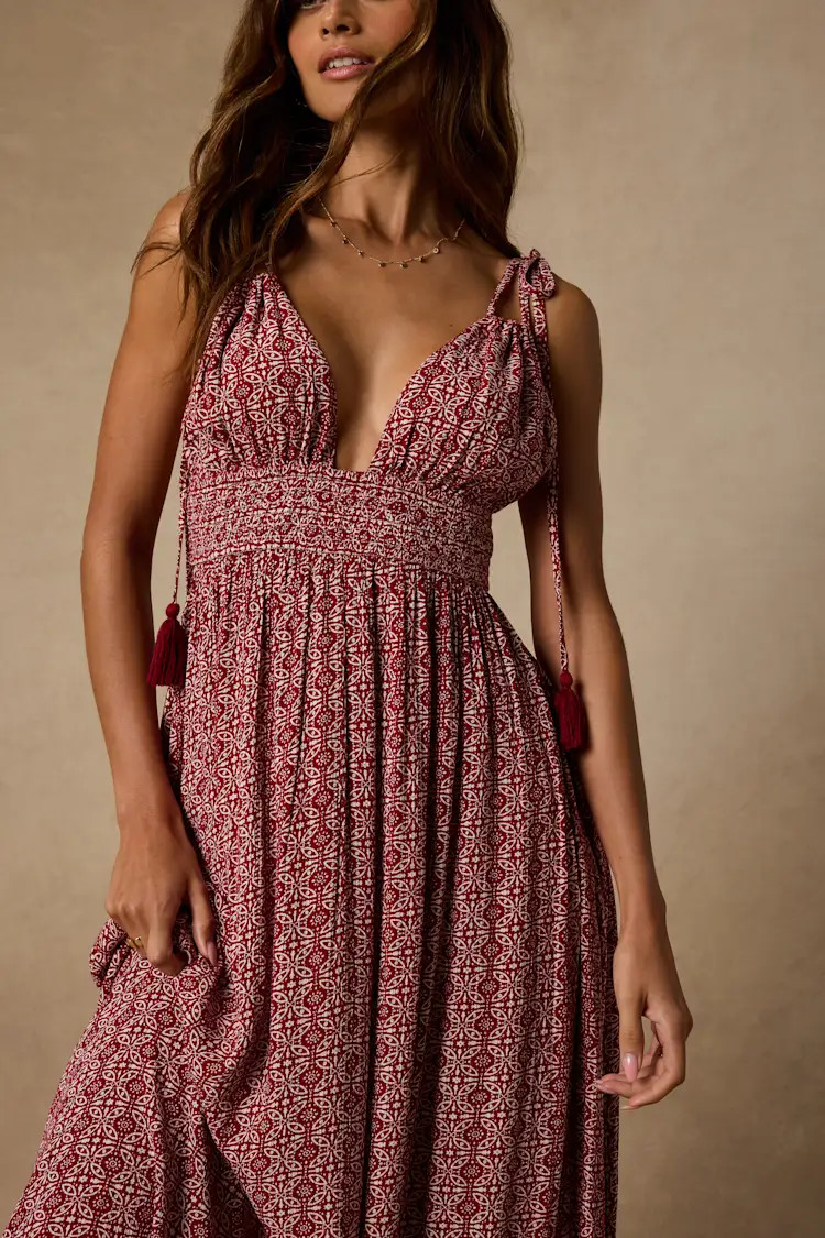 Field Day Wine Red Print Tie-Strap Maxi Dress | Lulus