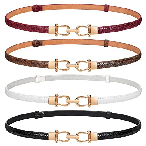 LEACOOLKEY Women Skinny Waist Belt with Gold Buckle Adjustable Leather Thin Waist Belt for Dress | Amazon (US)