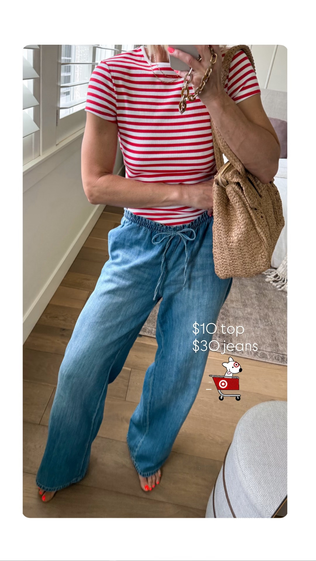 Classic stripes in red + white, drawstring jeans, and gorgeous straw bag.


#LTKmomlife #LTKMothersDay #LTKOver40