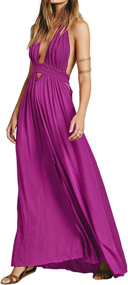 R.Vivimos Boho Maxi Dresses for Women 2026 Summer Sleeveless Halter Elastic Waist Sexy Backless F... | Amazon (US)