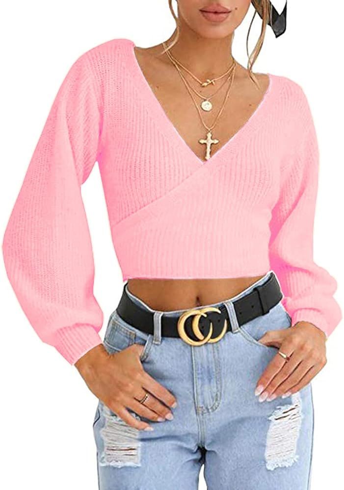 LOMON Women's Knitted Crop Deep V-Neck Long Sleeve Pullover Cross Wrap Front Loose Pullover Sweater | Amazon (US)