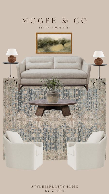 The coziest living room all available at McGee & Co

Wicker lamps, settee, wall art, Shea McGee, blue tone rug 

#LTKStyleTip #LTKHome #LTKFindsUnder100