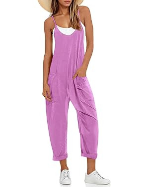 Fisoew Women's Summer Sleeveless Loose Casual V Neck Jumpsuits Spaghetti Strap Long Pants Baggy O... | Amazon (US)