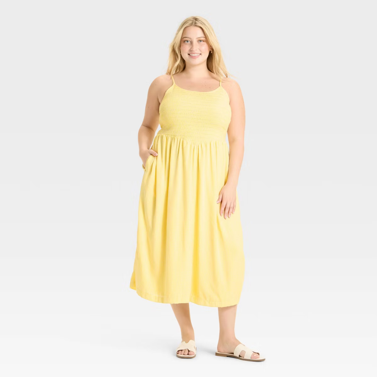 Women's Smocked V-Waist Midi Dress - A New Day™ Yellow Gingham 2X | Target