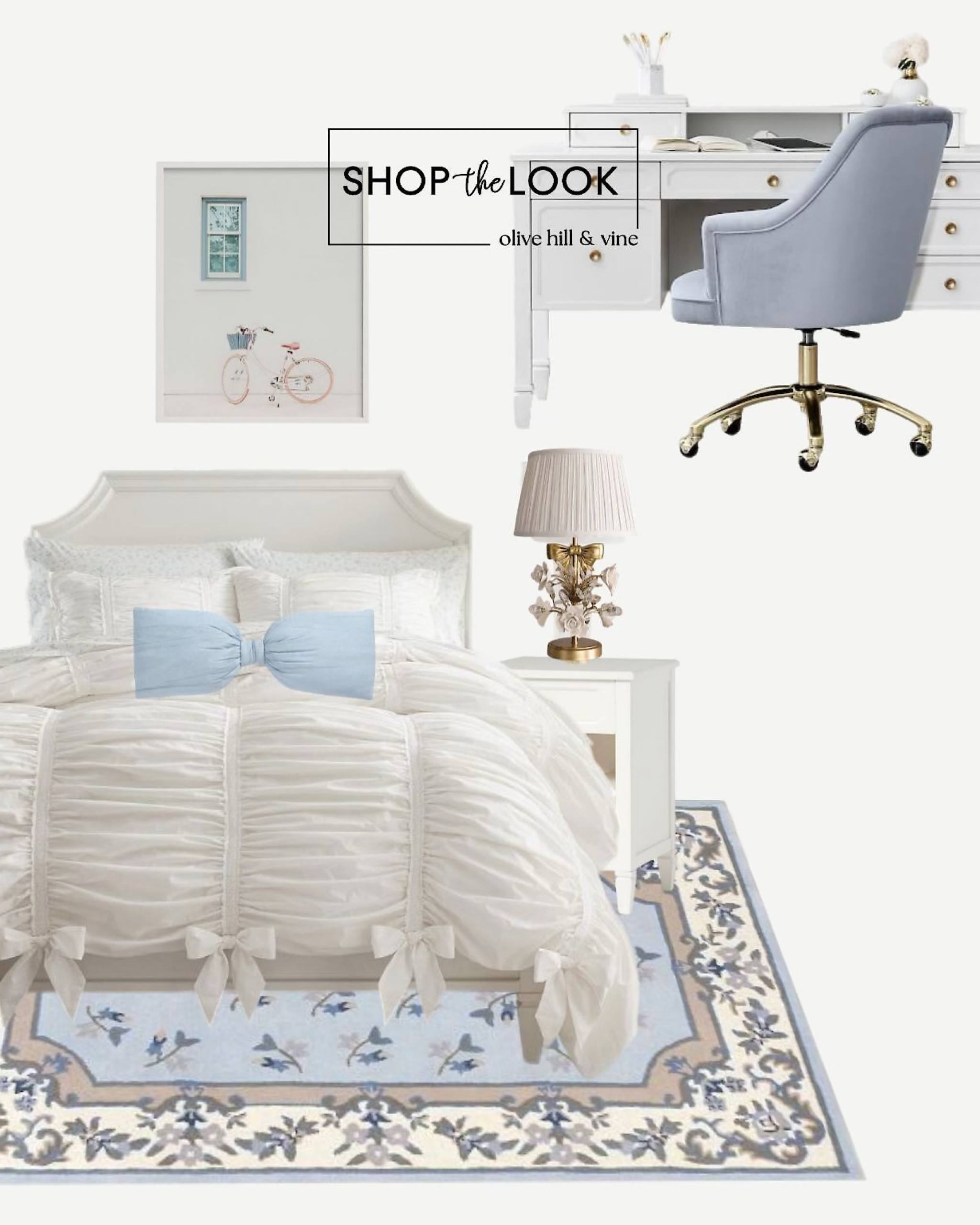 A teenage girl's bedroom that blends floral blue accents with classic elegance. The bed features graceful curves, complemented by a nightstand and coordinating desk with beveled panel detailing. Soft floral patterns in blue and ivory flow through the rug, duvet, and art. 

#LTKHome #LTKFamily #LTKKids