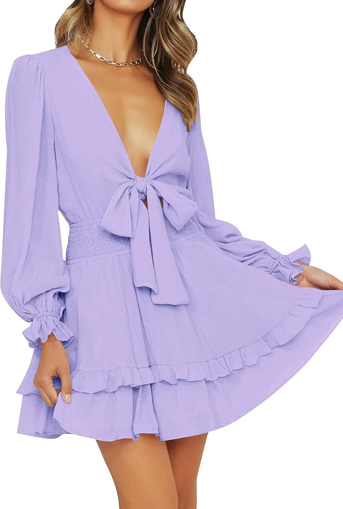 ZESICA Women's Sexy Deep V Neck Knot Front Long Sleeve Smocked Wiast Ruffle Tiered Swing Mini Ska... | Amazon (US)