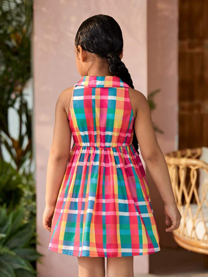 SHEIN Young Girl Casual Sleeveless Plaid Shirt Collar Half Button Up Dress In Multicolor | SHEIN