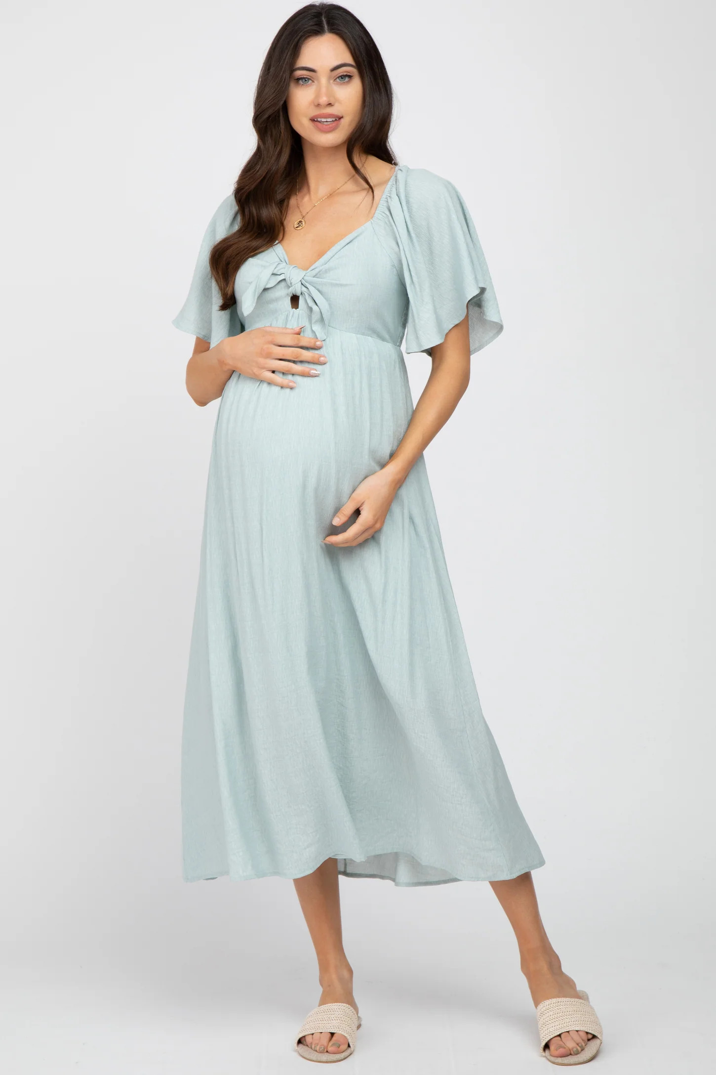 Peach Front Tie Ruffle Sleeve Maternity Midi Dress | PinkBlush Maternity