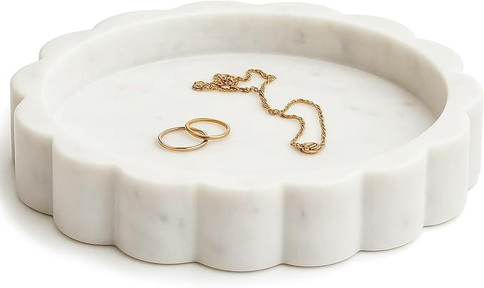 White Scalloped Marble Tray - 8" Round Stone Vanity Tray for Perfume & Jewelry, Marble Dish for B... | Amazon (US)