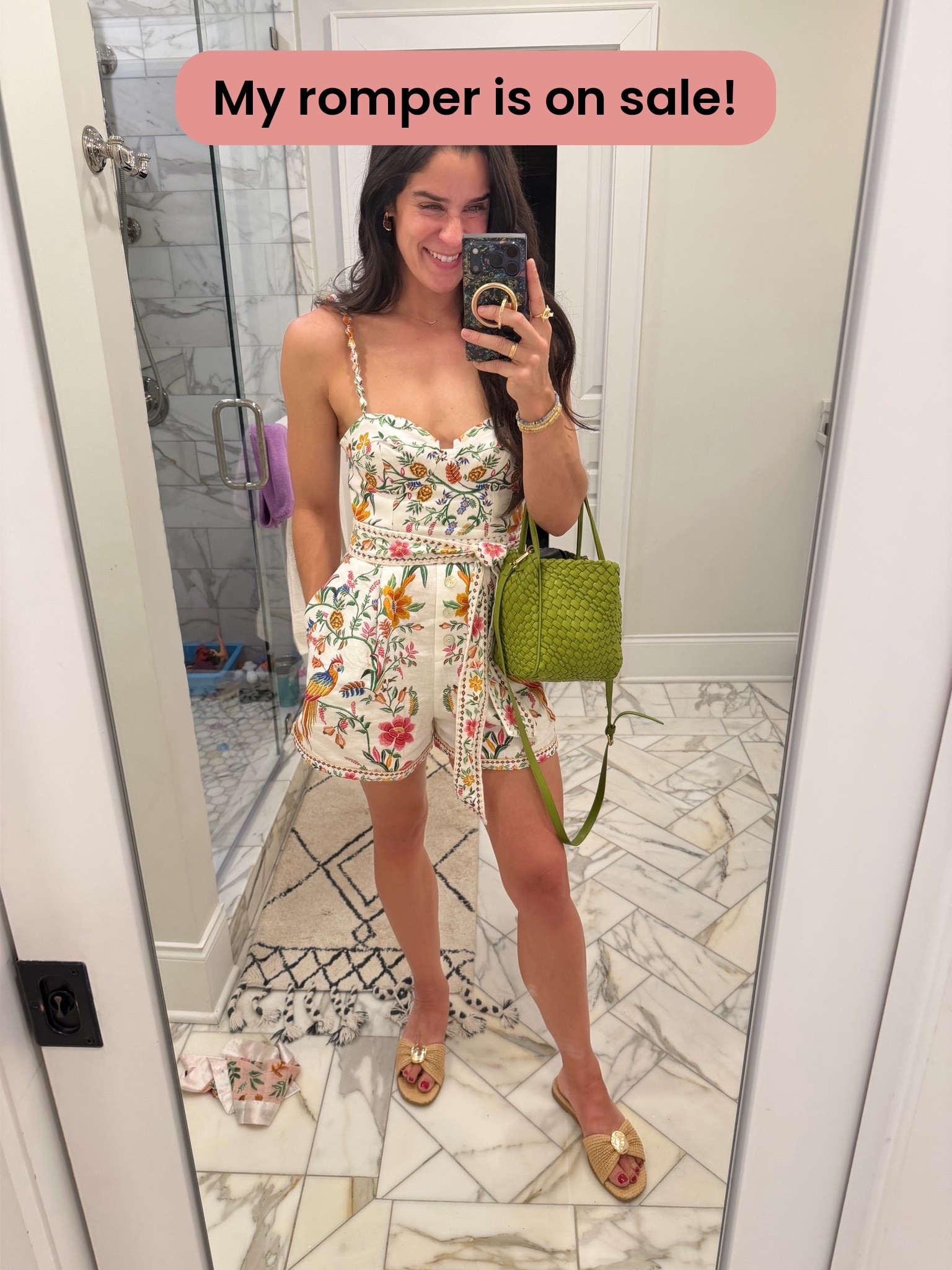 This Farm Rio romper is beautiful and on sale!. I got countless compliments on it today. It’s comfortable and has pockets 🙌
100% linen. Runs TTS

I’ve been living in these Target shoes! They go with everything. Run TTS

This has become by go-to bag from Anthropology. Has interchangeable straps, fits everything I need and so fun! Great quality and price. 

My bracelets are from Isabella (local Charlotte boutique) and my earrings are new favs from Ann Taylor