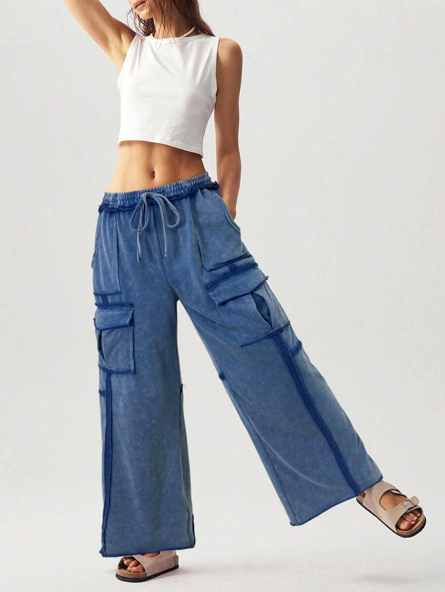 Vacation Casual Solid Color Knit Pocket Wide Leg Women Pants | SHEIN