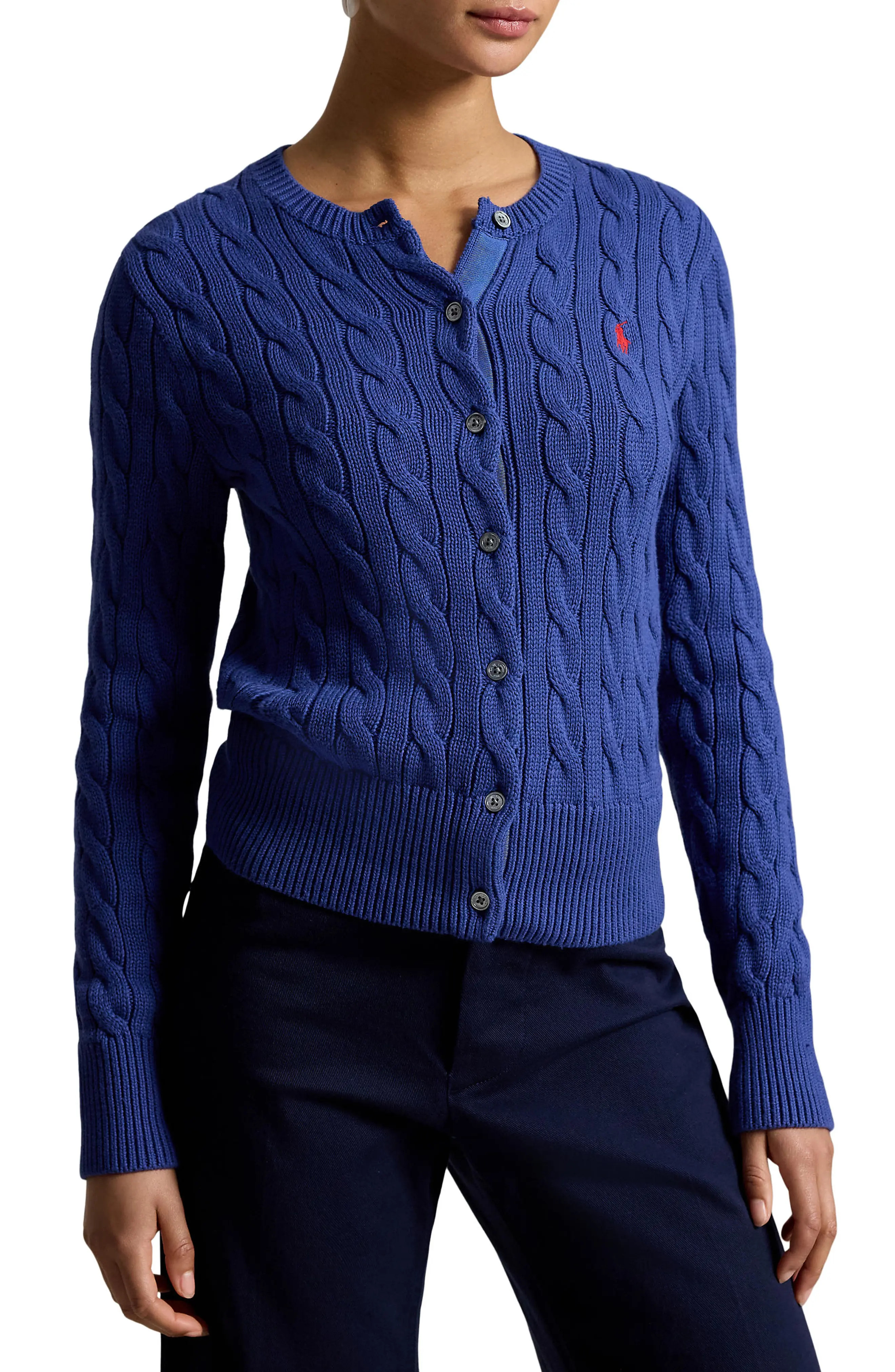 Polo Ralph Lauren Cable Stitch Cotton Crewneck Cardigan (Women) | Nordstrom | Nordstrom