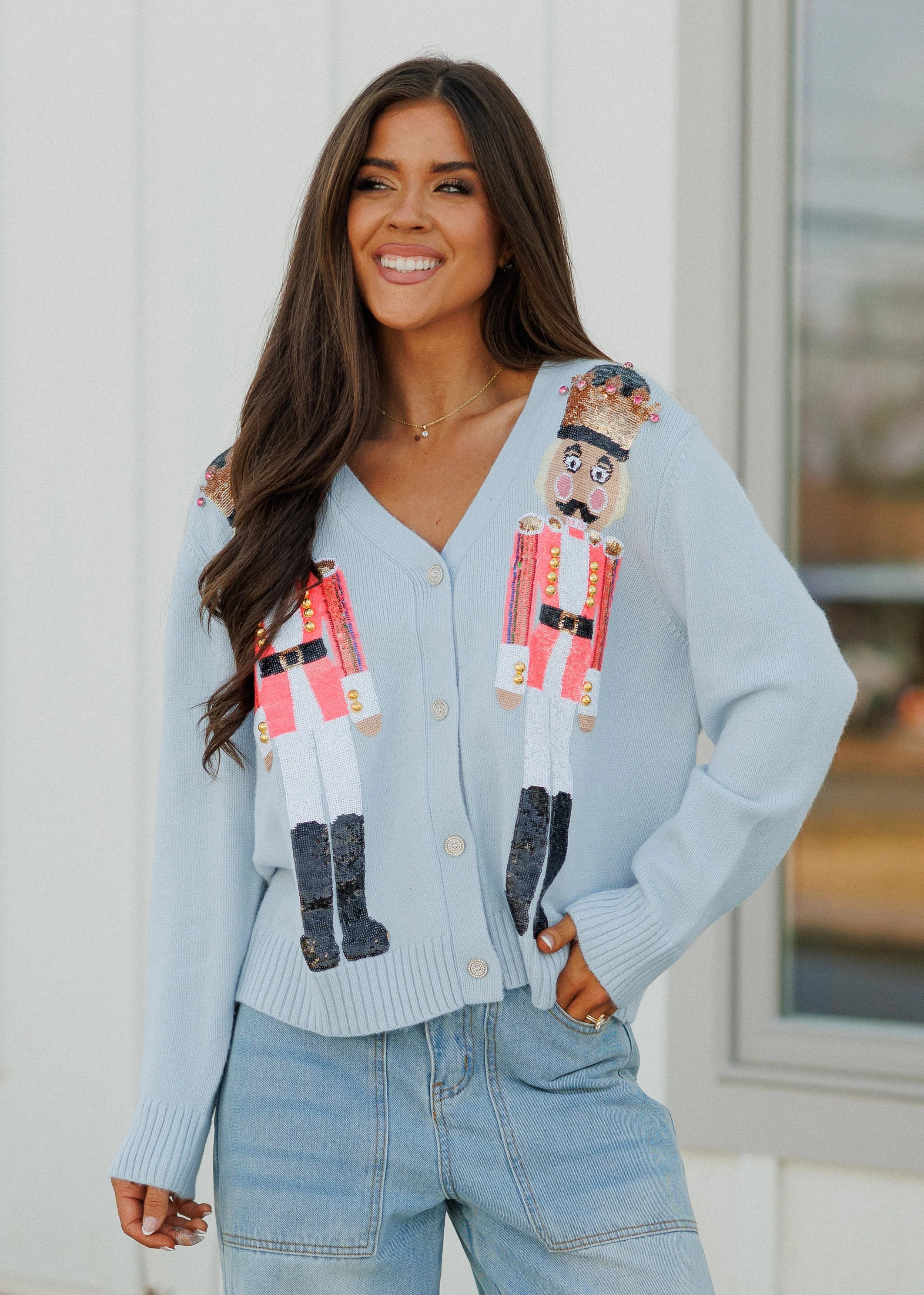 NEW!! Sequin Nutcracker Cardigan in Pale Blue | Glitzy Bella