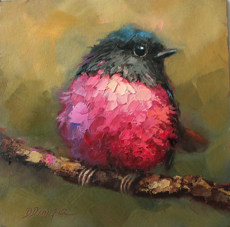 Pink Robin CUSTOM Original Oil Painting by Daiga Dimza Handmade Bird Wall Art Fine Gift for Her M... | Etsy (US)