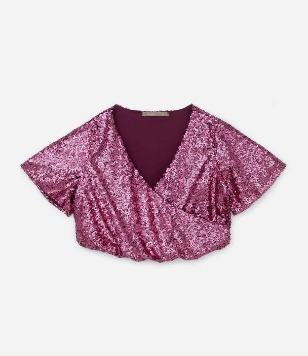 Blusa em Paetê com Decote Transpassado e Texturas Carnaval Curve & Plus Size Rosa | Renner (BR)