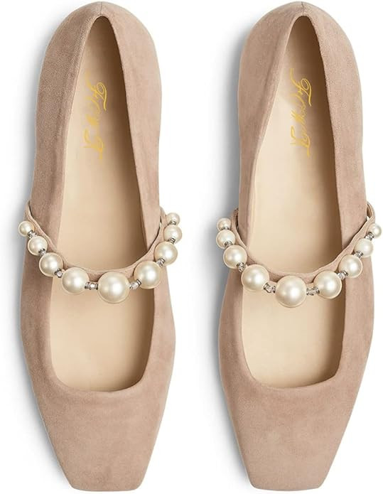 FOWT Women Square Toe Slip on Flats Pearl Studded Strap Elegant Pumps Wedding Bride Prom Dressy S... | Amazon (US)