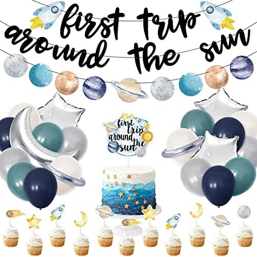 First trip Around the Sun Birthday Decorations -58pcs Outer Space 1st Birthday Banner First Trip Aro | Amazon (US)