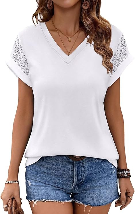 Bliwov Womens Summer Tops V Neck Lace Short Sleeve T Shirts Dressy Casual Business Outfits 2026 S... | Amazon (US)