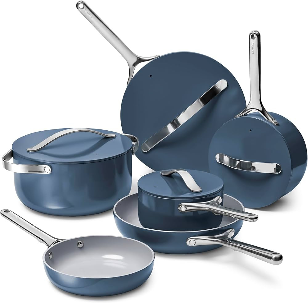 Caraway Deluxe Nonstick Ceramic Cookware Set (16 Piece) Pots, Frying Pans, Lids and Kitchen Storage - PFAS & PFOA Free - Oven Safe Ceramic Pan Set & Compatible with All Stovetops - Navy | Amazon (US)