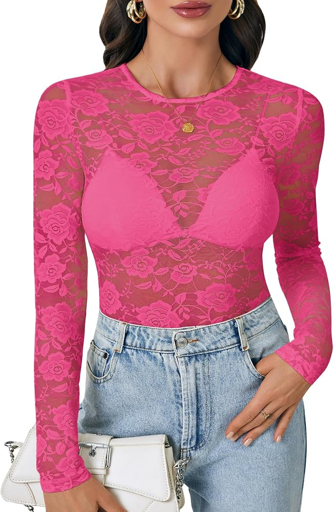 LYANER Women's Sexy Mesh Top Floral Long Sleeve See Through Shirt Lace Sheer Blouses | Amazon (US)