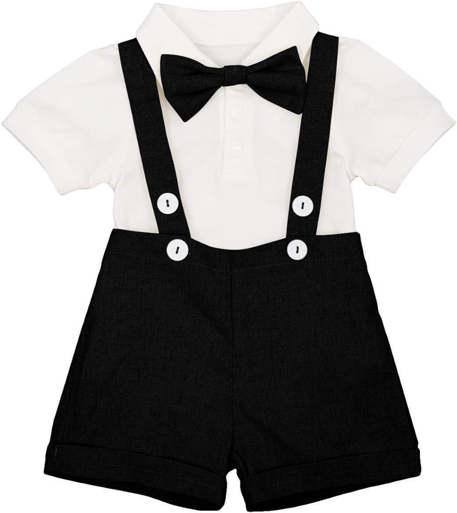 Baby Boys Formal Suit Gentleman Bowtie Romper Suspenders Shorts Wedding Tuxedo Outfit Cake Smash ... | Amazon (US)