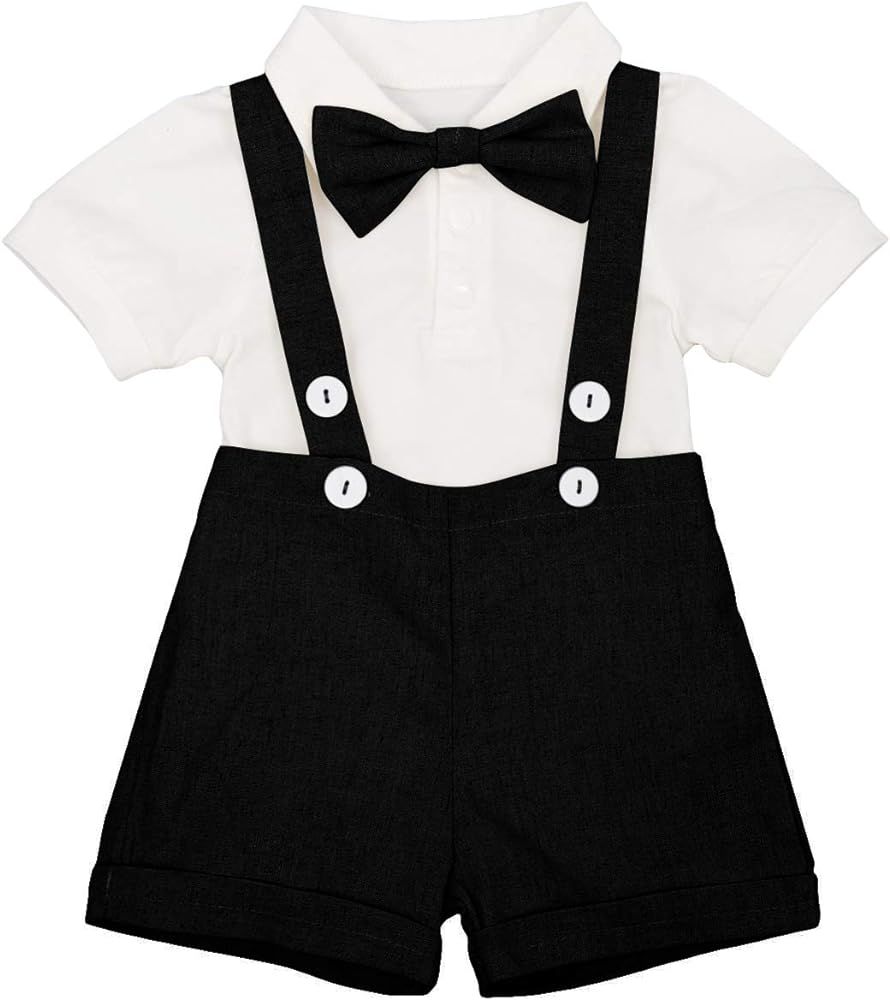 Baby Boys Formal Suit Set Short Sleeve Romper Suspenders Shorts Pants Bowtie Wedding Tuxedo Outfits  | Amazon (US)