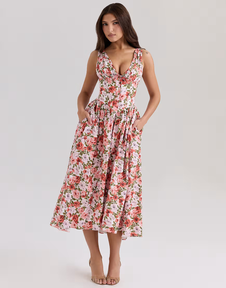 House of CB Emmelina print stretch cotton corset sundress in floral rose-Pink | ASOS (Global)