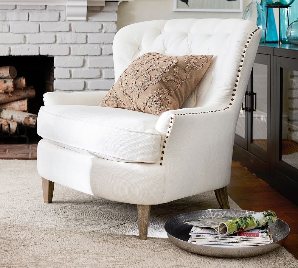 Cardiff Tufted Upholstered Armchair with Nailheads | Pottery Barn (US)