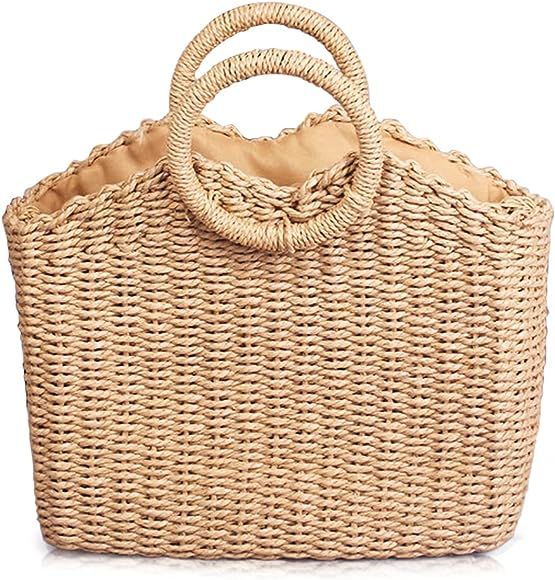 QTKJ Hand-woven Square Rattan Straw Handbags, Boho Pure Colour Women Summer Straw Tote Bag Should... | Amazon (US)