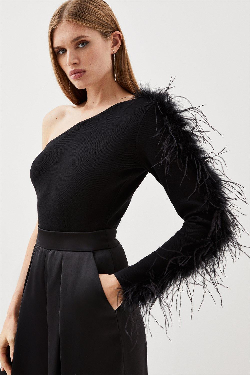 Viscose Blend One Shoulder Feather Detail Knit Top | Karen Millen US