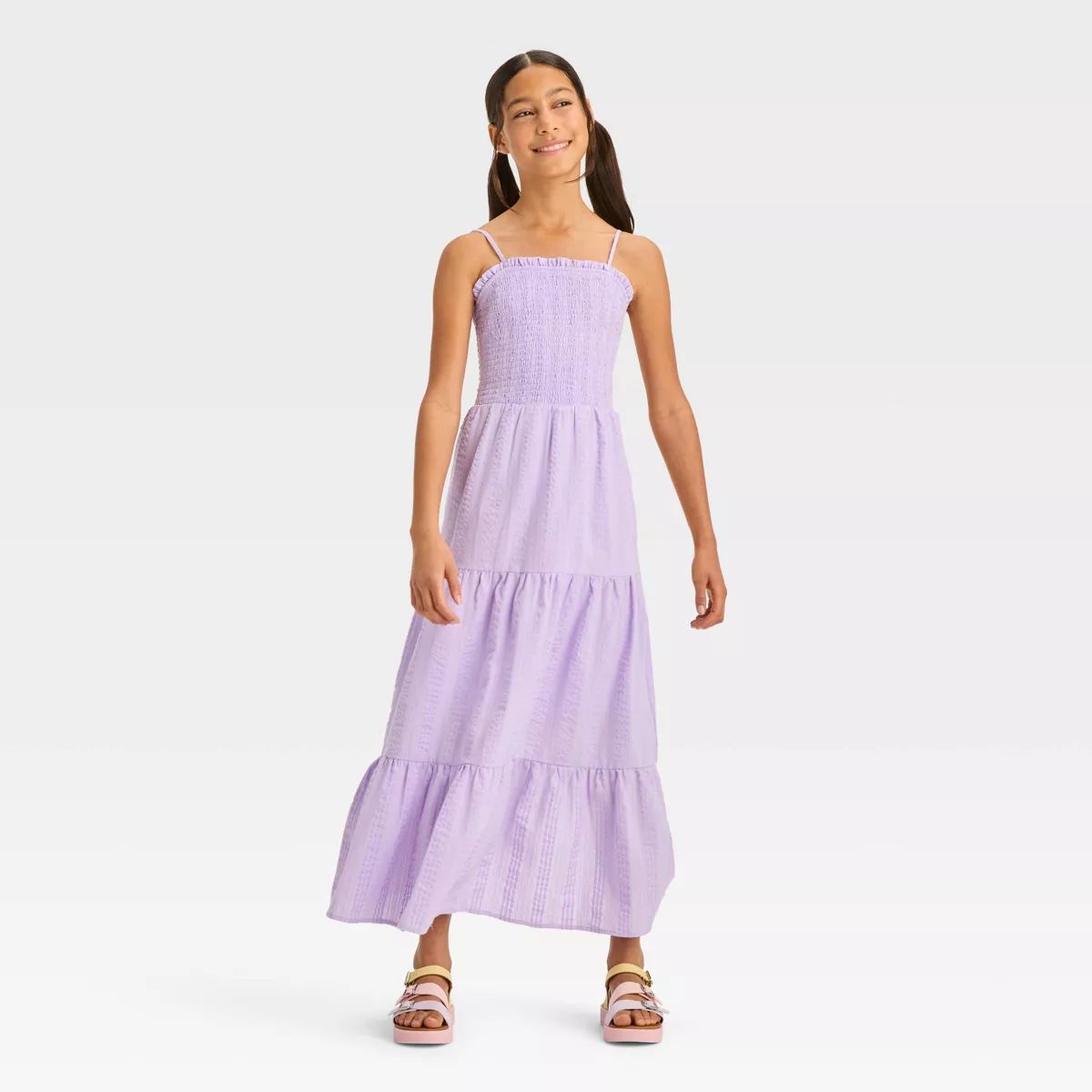 Girls' Smocked Bodice Tie Back Woven Textured Maxi Dress - art class™ | Target