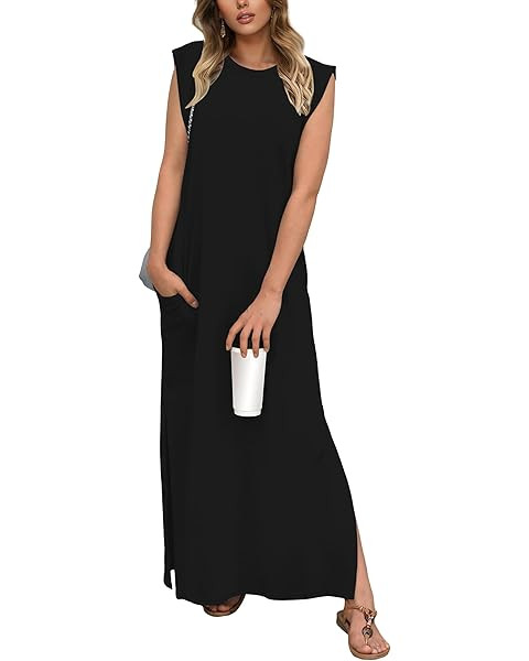 GRECERELLE 2025 Women Year-Round Casual Round Neck Loose Split Wrinkle-Free Long Maxi Vacation Dr... | Amazon (US)