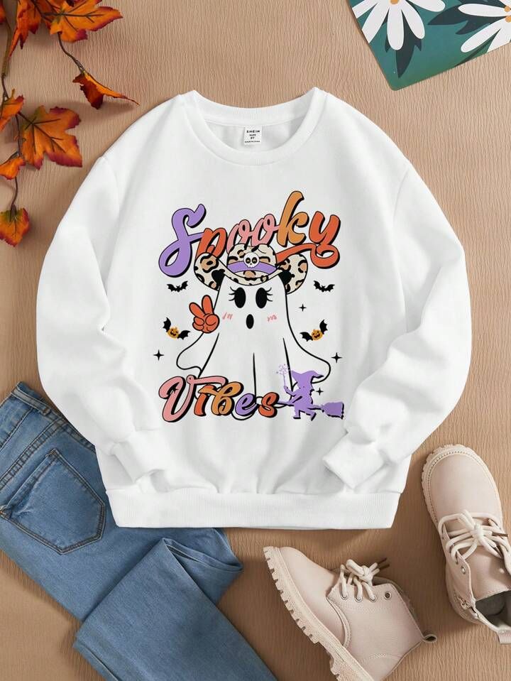 Tween Girl Halloween Cartoon & Letter Graphic Thermal Lined Sweatshirt | SHEIN