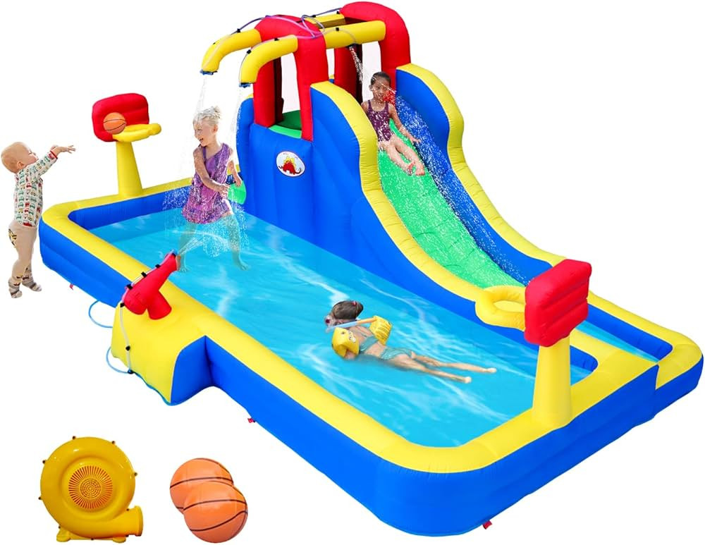 Inflatable Water Park with Blower, Slide with Water Cannon and Double Basketball Rings | Amazon (US)