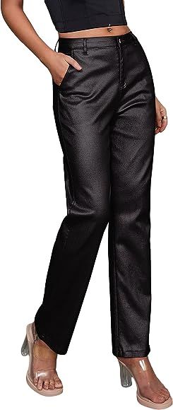 MakeMeChic Women's Faux Leather Pants High Waisted PU Leather Straight Leg Tapered Pants | Amazon (US)