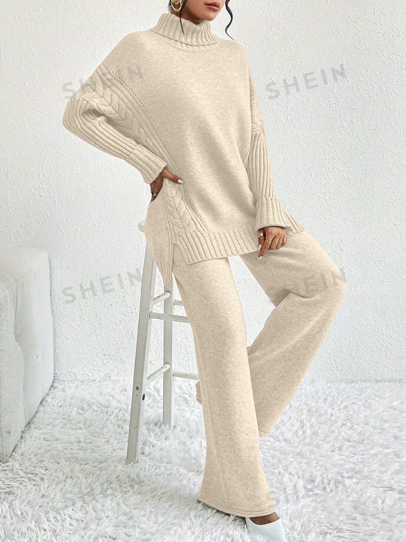 SHEIN Privé High-necked Drop Shoulder Sleeve Sweater And Knitted Pants 2pcs/set | SHEIN