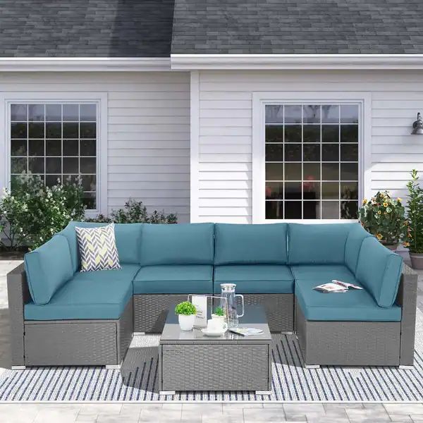 SUNCROWN Outdoor 7 Pieces Patio Furniture Grey Wicker Sectional Sofa Set - Haze Blue | Bed Bath & Beyond