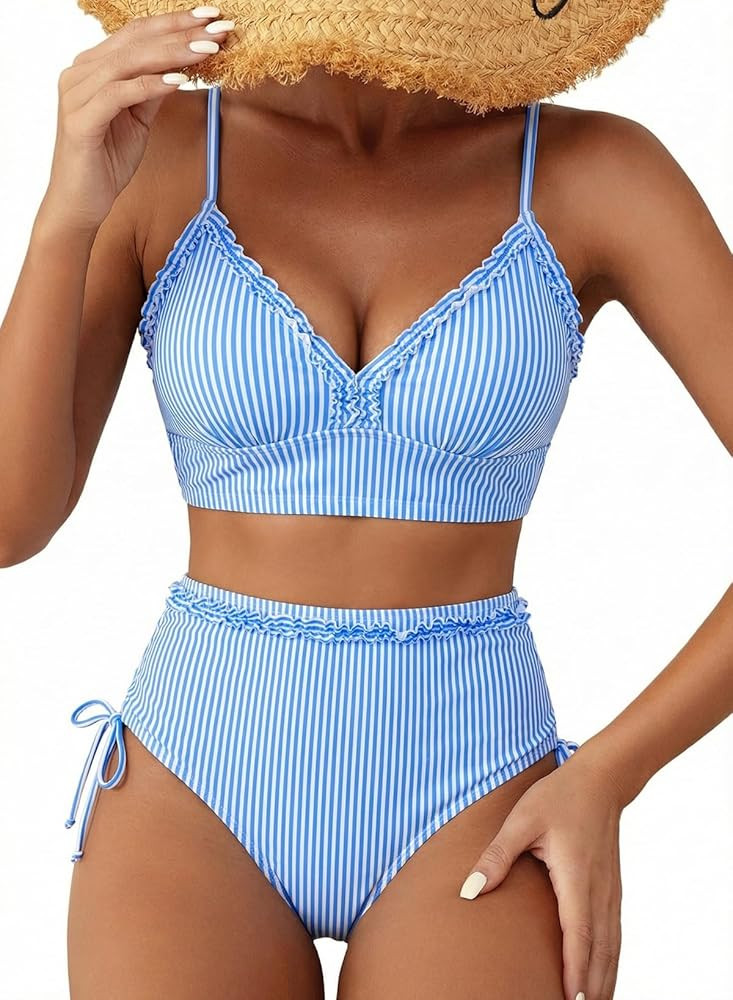 Herseas Women's Splice Ruffle Trim Bikini Sets Tie Side Swimsuits High Waisted Bathing Suits | Amazon (US)