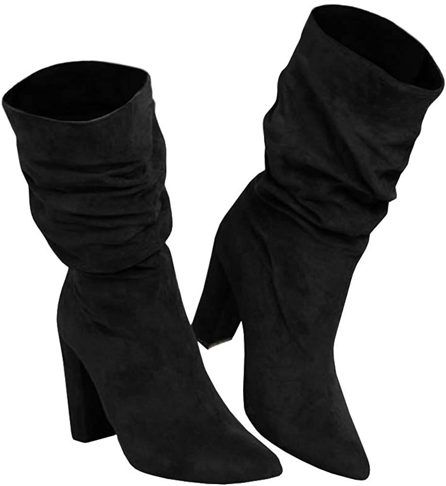 Amazon.com | Womens Black Dress Boots Pointed Toe Slouchy Mid Calf Fall Winter Slip on Block Heel... | Amazon (US)