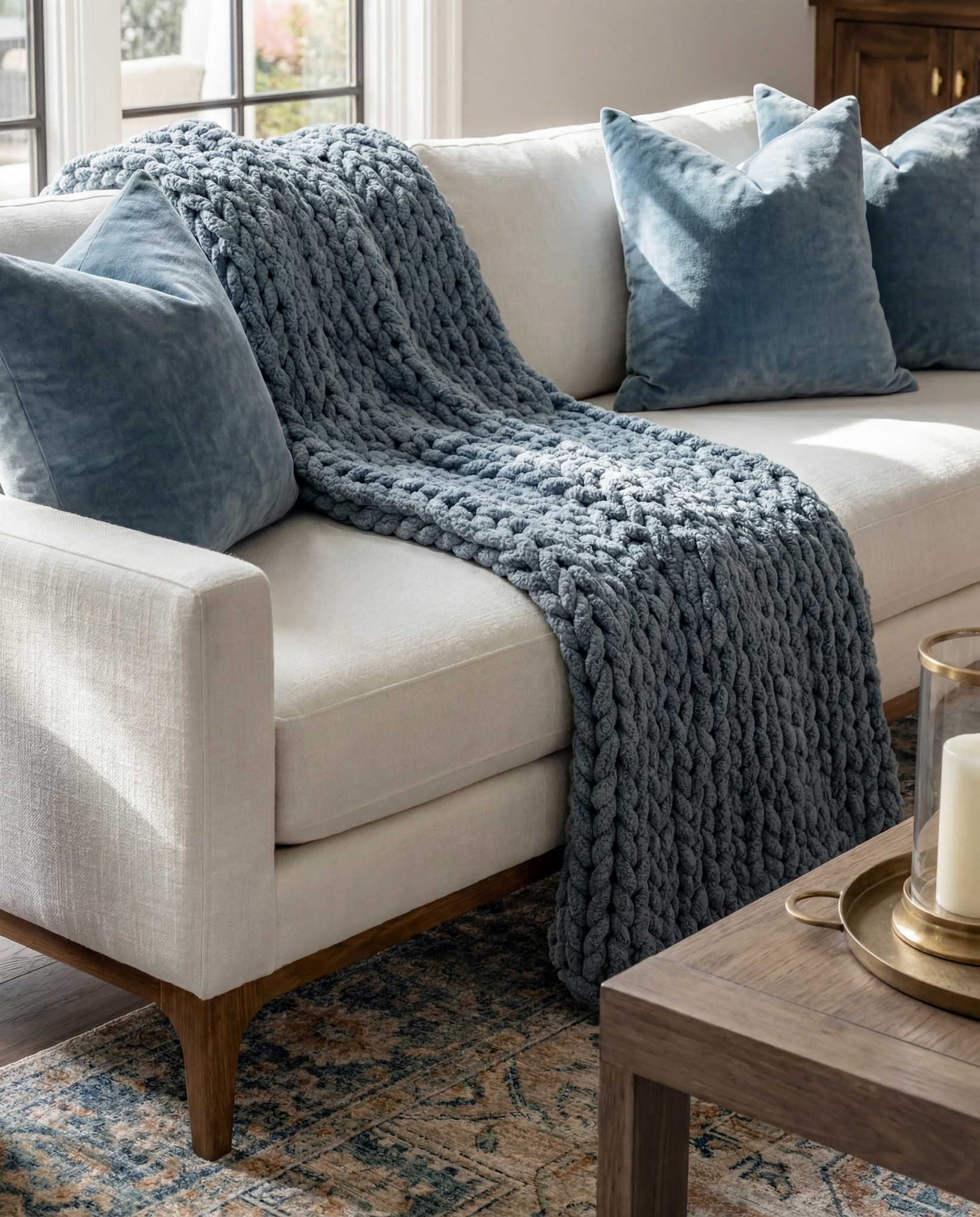 Shop the Look:
• Cream upholstered sofa
• Blue knit throw blanket
• Blue textured throw pillows
• Round knit ottomans
• Wood armchairs with cream cushions
• Marble fireplace surround
• Wood coffee table
• Ribbed wood side tables
• Neutral patterned area rug
• Ceramic vases + candle set

#LTKSaleAlert #LTKHome #LTKFindsUnder100