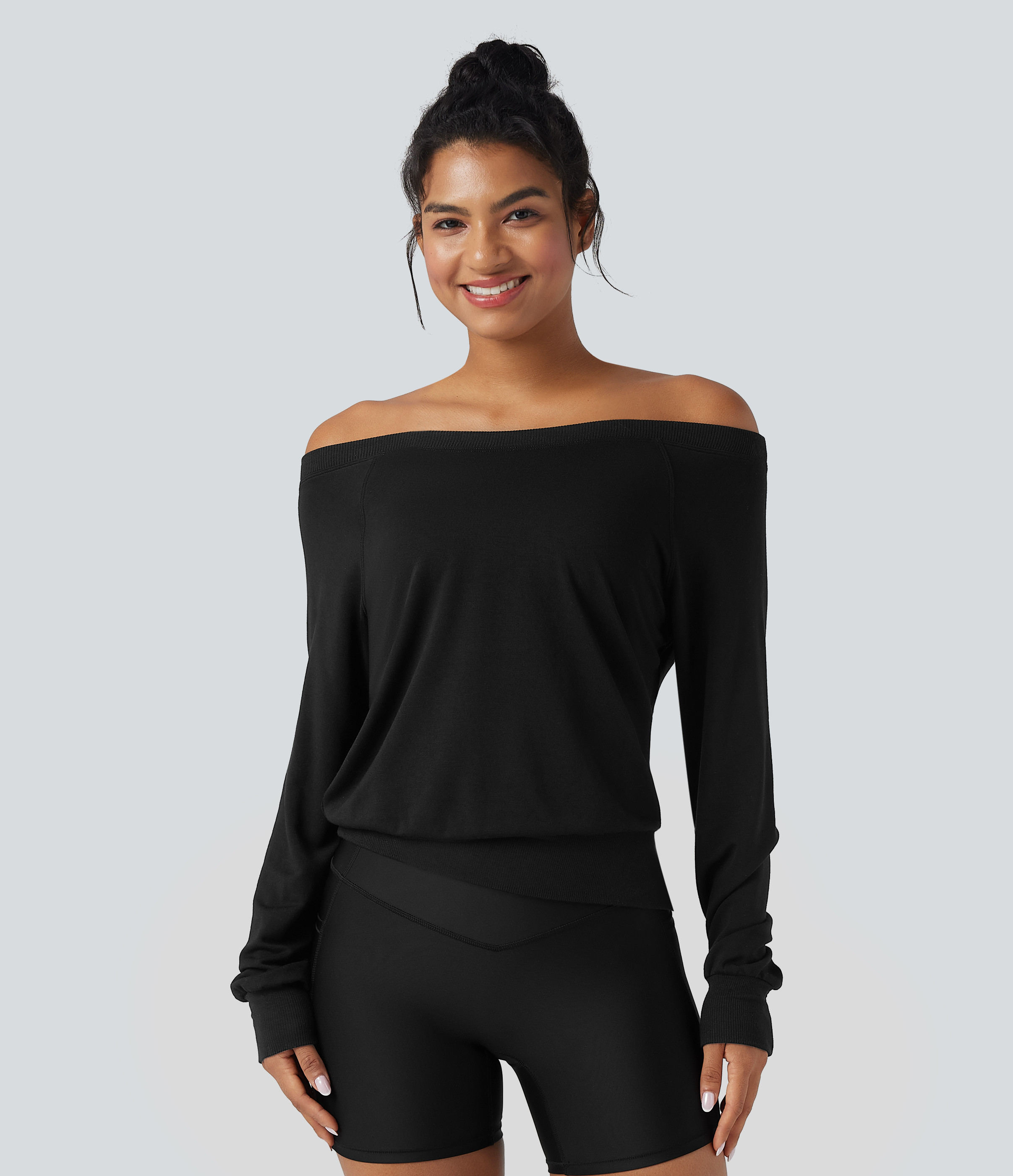 Halara Off-shoulder Long Sleeve Fleece Yoga Sports Top - Black - XL | HALARA