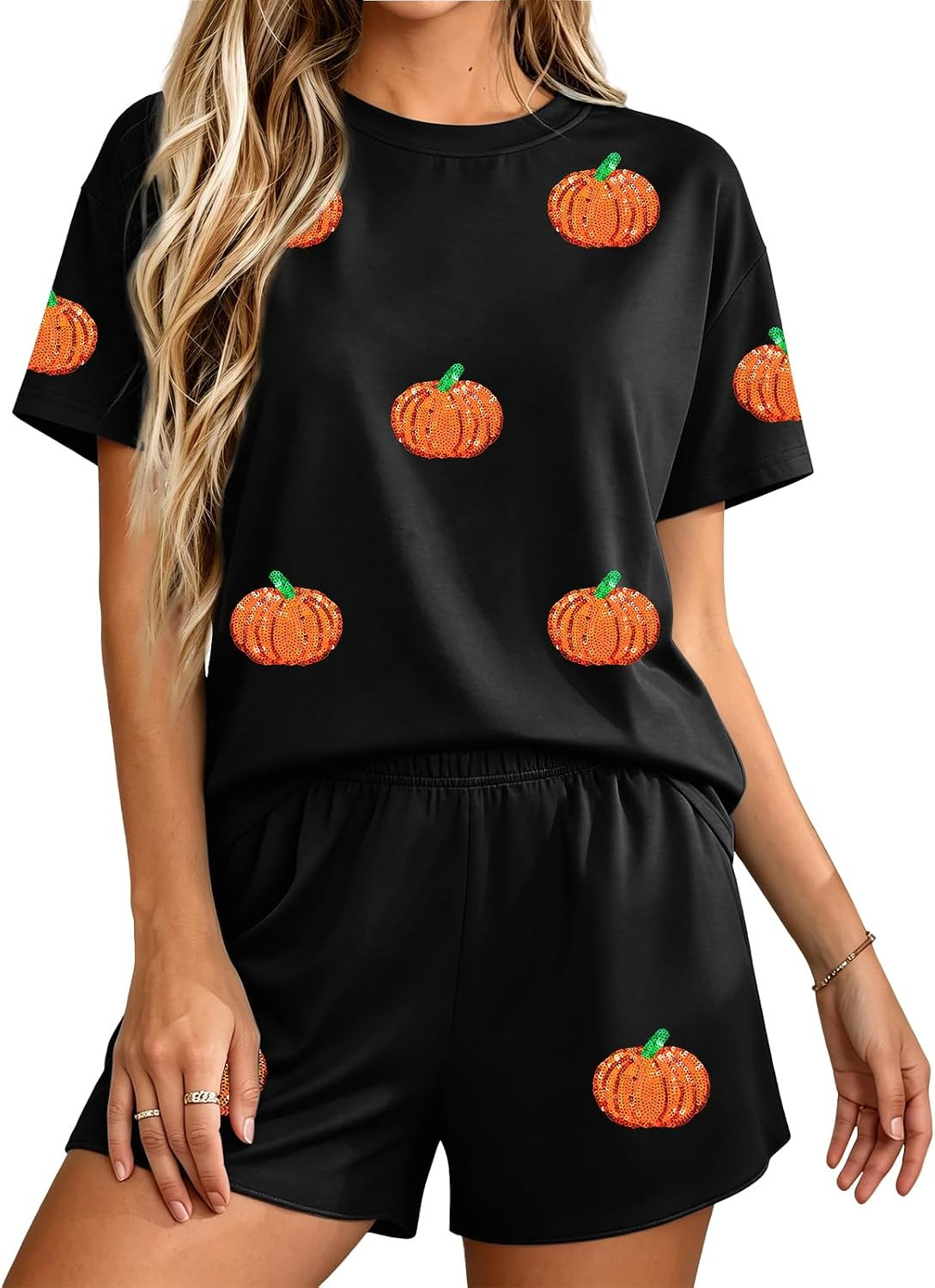 Halloween Pajamas Women Sequin Pumpkin Pjs Fall Sleepwear | Amazon (US)
