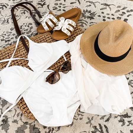 White bikini, straw hat, straw bag, sunglasses, sandals, sarong, coverup, vacation outfit, swimwear, bathing suit, two piece 

#LTKswim #LTKunder50 #LTKSeasonal